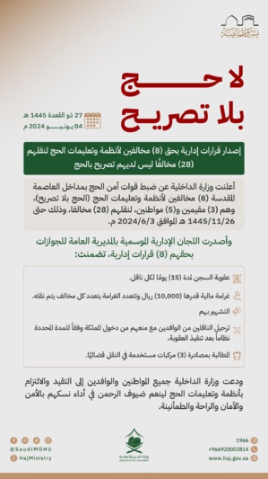 السعودية: السجن والغرامة لمخالفين ينقلون عددا ممن لا يحملون تصاريح أو تأشيرات حج السعودية: السجن والغرامة لمخالفين ينقلون عددا ممن لا يحملون تصاريح أو تأشيرات حج