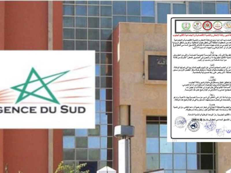 هيئات مدنية وحقوقية تطالب بفتح تحقيق في مالية وتدبير وكالة الجنوب هيئات مدنية وحقوقية تطالب بفتح تحقيق في مالية وتدبير وكالة الجنوب