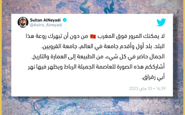 رائد الفضاء الإماراتي، سلطان النيادي، ينشر صورة للرباط من السماء في تدوينة له على تويتر.