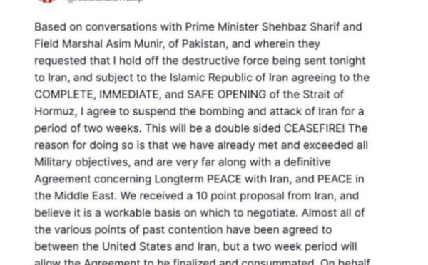 ترامب يعلن هدنة مدتها أسبوعان مع إيران تحت وساطة باكستانية
